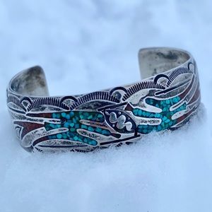 SIGNED-Delvin J Nelson Navajo Turquoise Coral Inlay Sterling Silver Bracelet